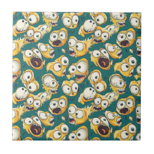 Crazy Yellow Monster Teal Halloween Tile