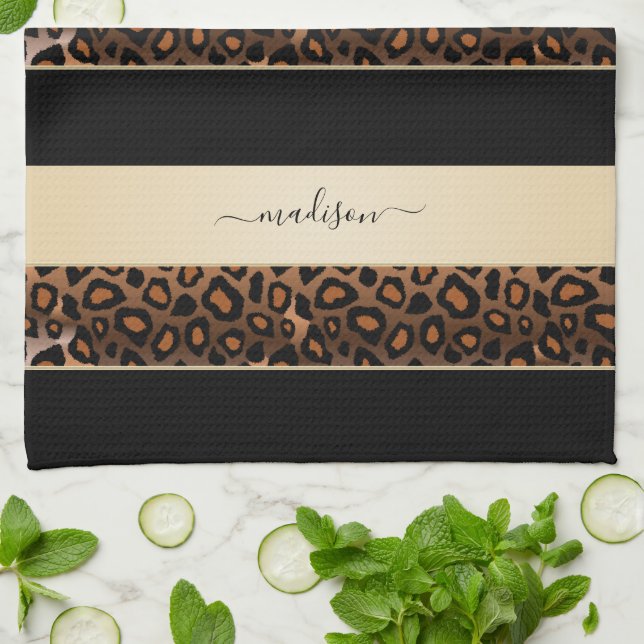 Cream and Black Leopard Animal Print Tea Towel (Folded)