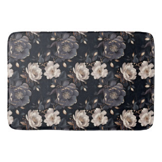 Cream and Black Peony Elegant Vintage Dark Floral Bath Mat