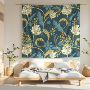 Cream and Blue Floral Art Nouveau  Fleece Blanket