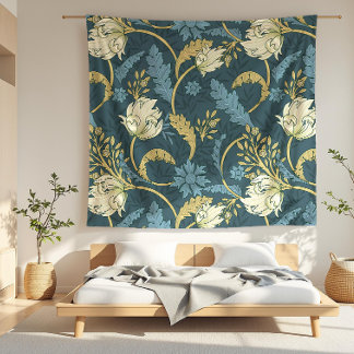 Cream and Blue Floral Art Nouveau  Fleece Blanket