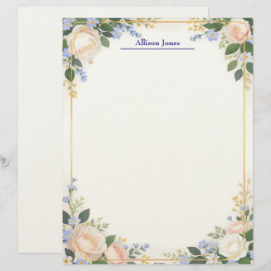 Cream and Blue Floral with Gold Frame Custom Letterhead