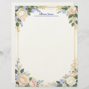 Cream and Blue Floral with Gold Frame Stationery Custom Letterhead