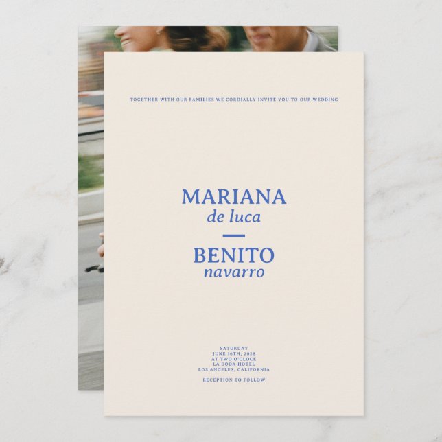 Cream and Blue Modern Minimalist Photo Wedding Invitation (Front/Back)