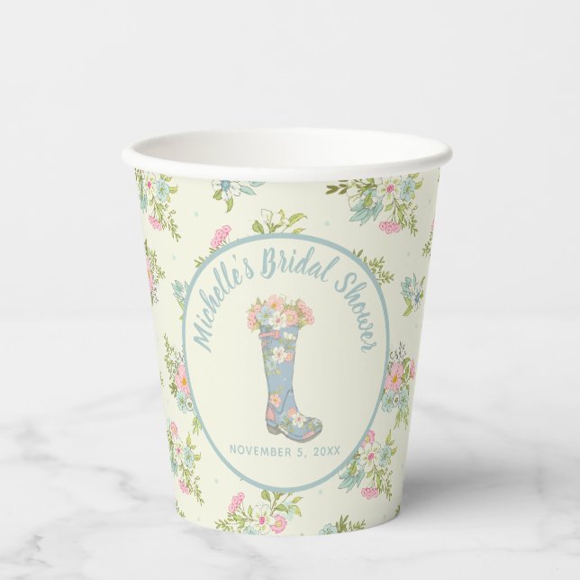 Cream and Blue Rain Boot Bridal Shower Paper Cups (Front)