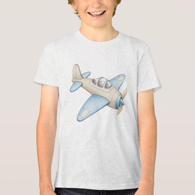 Cream and Blue Watercolor Propeller Plane  Tri-Blend Shirt (Front)