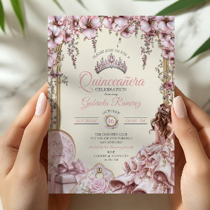 Cream and Blush Pink Tiara Floral  Quinceañera Invitation