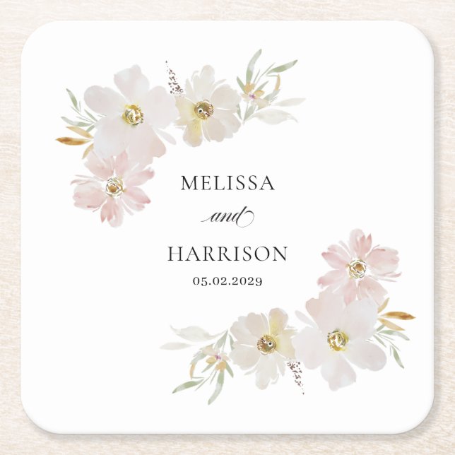 Cream and Blush Watercolor Flowers  Square Paper Coaster (Front)