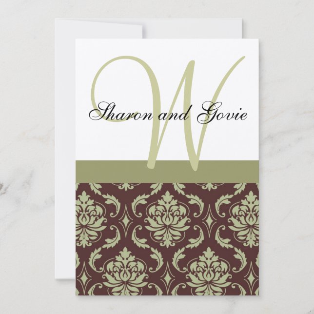 Cream and Brown Damask Monogram Wedding Invitation (Front)