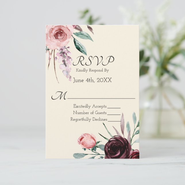 Cream and Burgundy Floral Wedding RSVP Card (Standing Front)