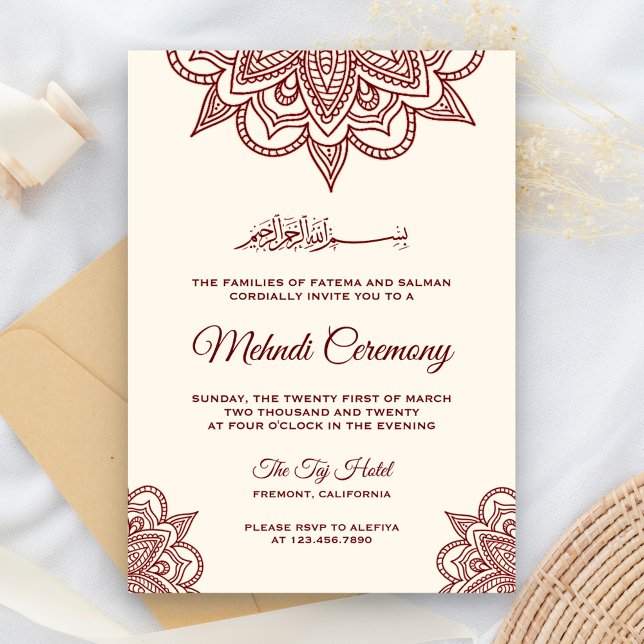 Cream and Burgundy Islamic Muslim Mehndi Ceremony Invitation (Creator Uploaded)