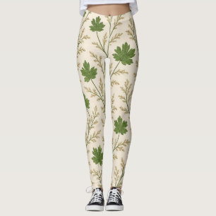 Cream and Dark Green Leaves Leggings