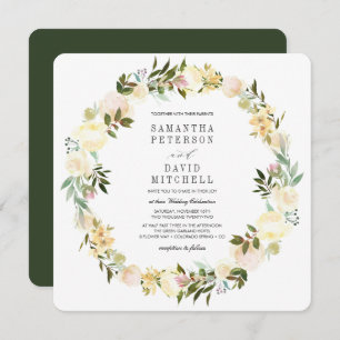 Cream and Forest Green Garland Floral Wedding Invitation