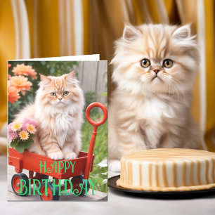 Cream and Ginger Tabby Cat in Red Wagon Birthday Card