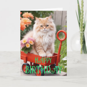 Cream and Ginger Tabby Cat in Red Wagon Birthday Card