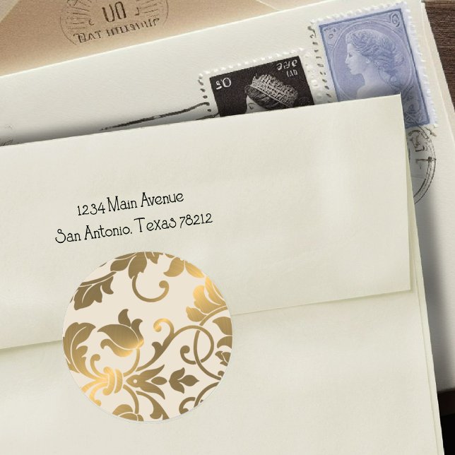Cream and Gold Damask Classic Round Sticker (Creator Uploaded)
