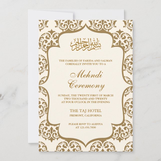 Cream and Gold Damask Islamic Mehndi Ceremony Invitation (Front)