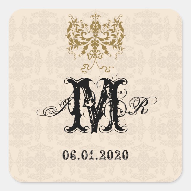 Cream and Gold Damask Monogram Sticker (Front)