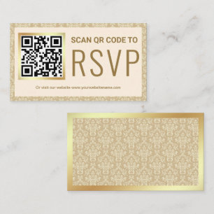 Cream and Gold Damask QR Code RSVP Wedding Website Enclosure Card