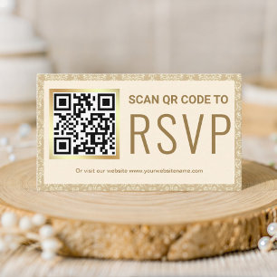 Cream and Gold Damask QR Code RSVP Wedding Website Enclosure Card