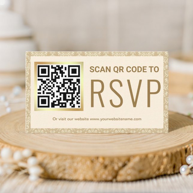 Cream and Gold Damask QR Code RSVP Wedding Website Enclosure Card (Creator Uploaded)