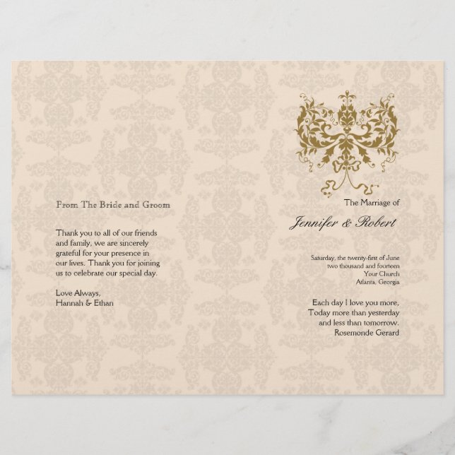 Cream and Gold Damask Wedding Program (Front)