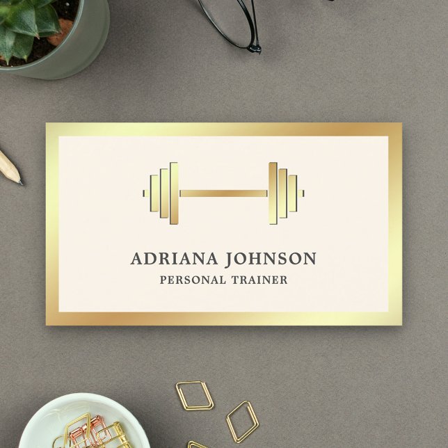 Cream and Gold Dumbbell Fitness Personal Trainer Business Card (Creator Uploaded)