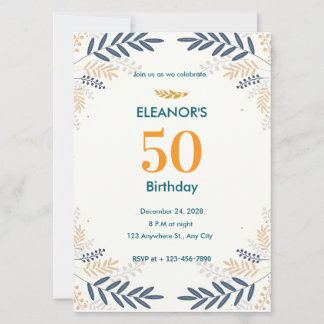  Cream and Gold Floral 50th Birthday  Invitation