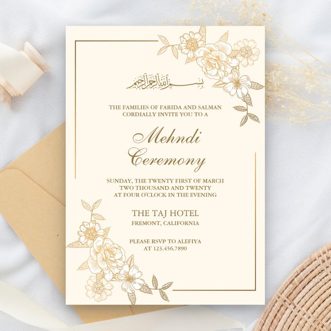 Cream and Gold Floral Leaves Branch Muslim Mehndi Invitation (Creator Uploaded)