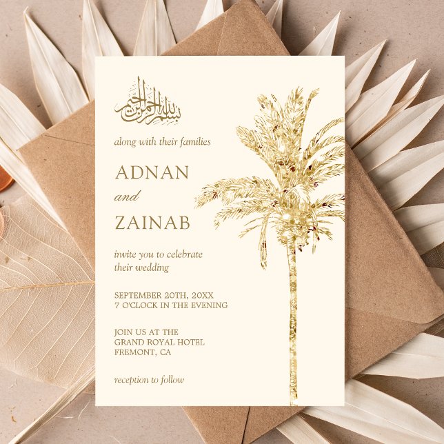 Cream and Gold Glitter Date Palm Muslim Wedding Invitation (Creator Uploaded)