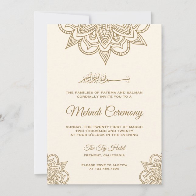 Cream and Gold Islamic Muslim Mehndi Ceremony Invitation (Front)
