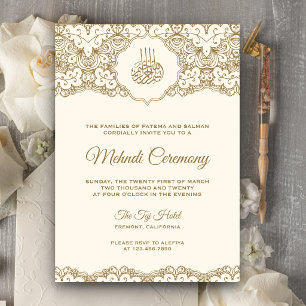 Cream and Gold Lace Islamic Mehndi Ceremony Invitation