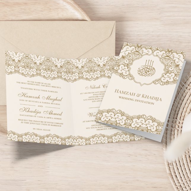 Cream and Gold Lace Islamic Muslim Wedding Invitation (Creator Uploaded)