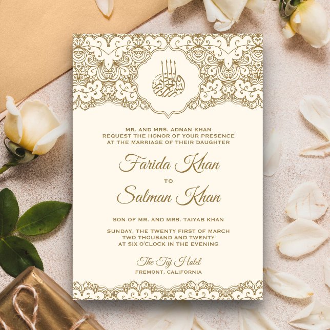Cream and Gold Lace Islamic Muslim Wedding Invitation (Creator Uploaded)
