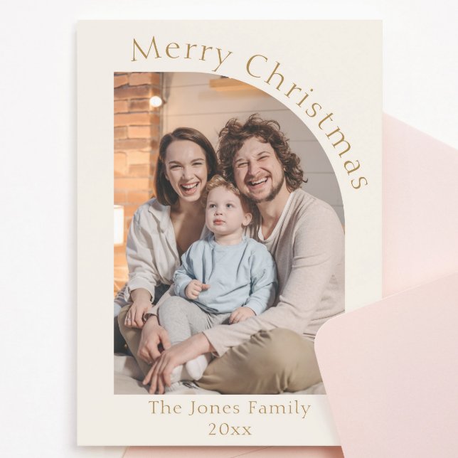 Cream and Gold Modern Arch Photo Christmas Holiday Card (cream, tan, and gold modern simple arch photo holiday card)