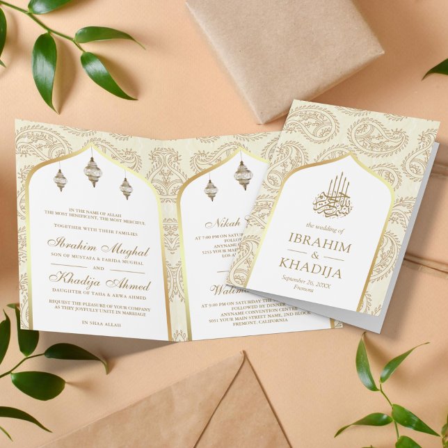 Cream and Gold Paisley QR Code Muslim Wedding Invitation (Creator Uploaded)