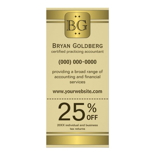 Cream and Gold Plate Discount Coupon Rack Cards (Front)