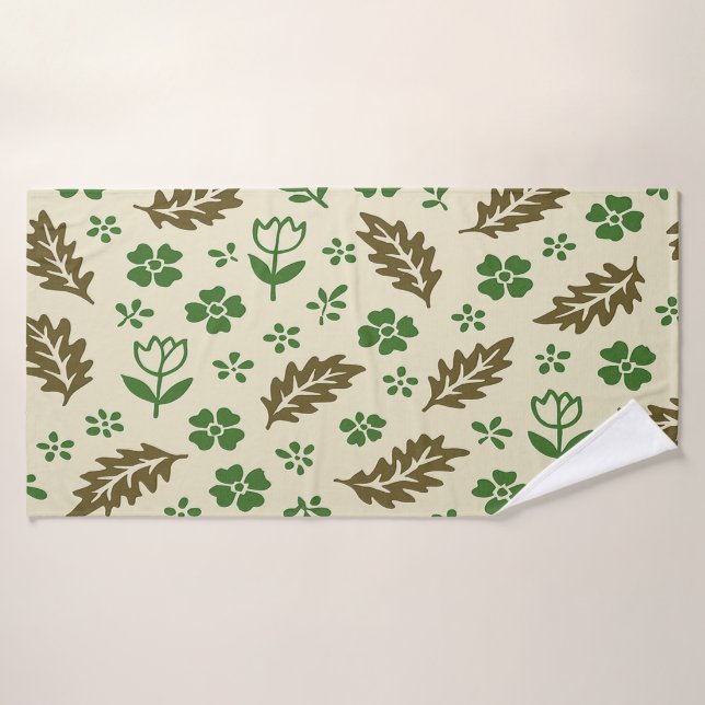 Cream and Green Floral Bath Towel (Bath Towel)