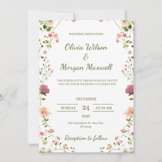 Cream and Green Floral Wedding Invitation