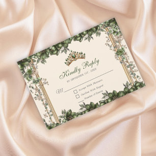 Cream and Green Golden Tiara Floral Quinceañera RSVP Card