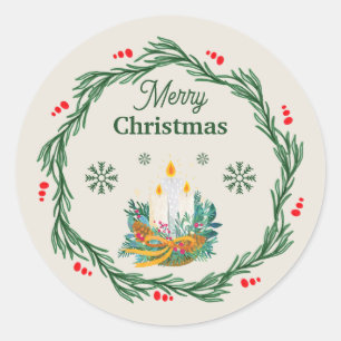 Cream and Green Merry Christmas Circle Classic Round Sticker