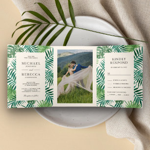 Cream and Green Palm Leaves Tropical Wedding Tri-Fold Invitation