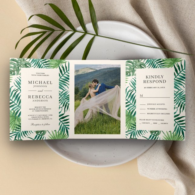 Cream and Green Palm Leaves Tropical Wedding Tri-Fold Invitation (Creator Uploaded)