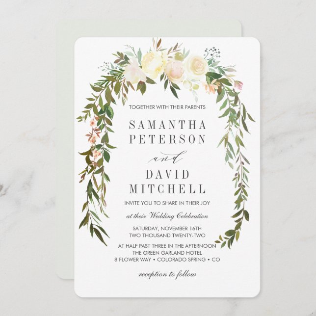 Cream and Grey | Botanical Garland Floral Wedding Invitation (Front/Back)