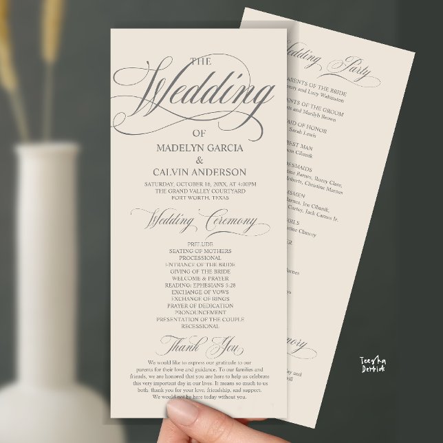 Cream and Grey Modern Script All In One Wedding Programme (Modern Script All In One Wedding Program Card in cream and grey)