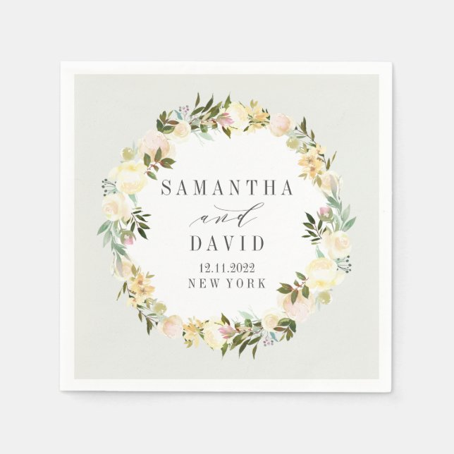 Cream and Grey Wedding floral personalised Napkin (Front)