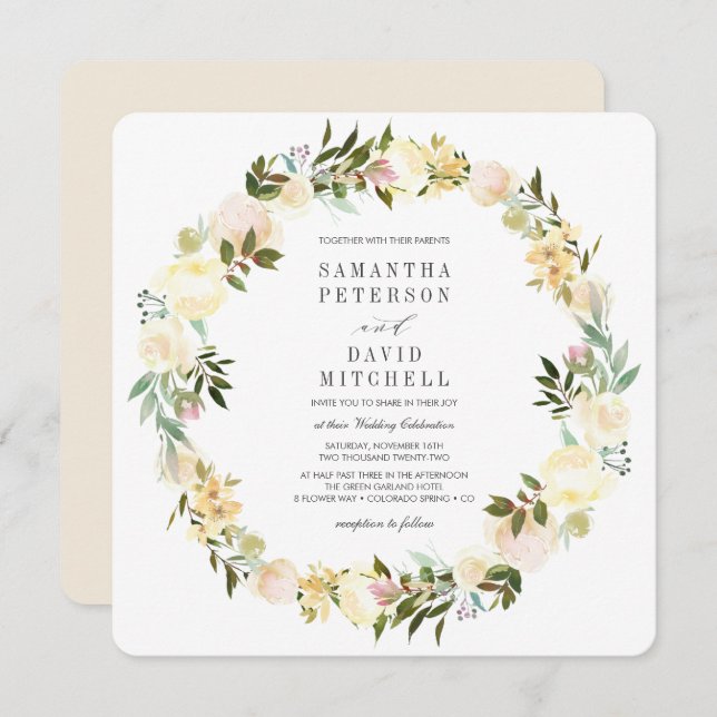 Cream and Ivory | Botanical Garland Floral Wedding Invitation (Front/Back)