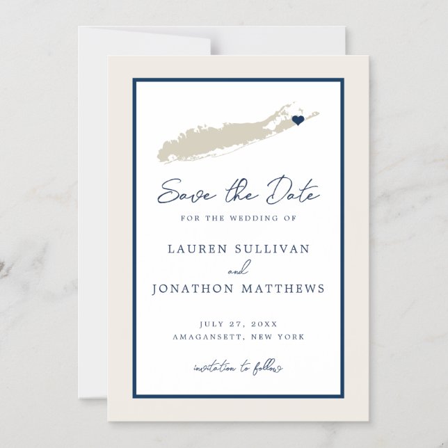 Cream and Navy Long Island NY Map Save the Date Ma Magnetic Invitation (Front)