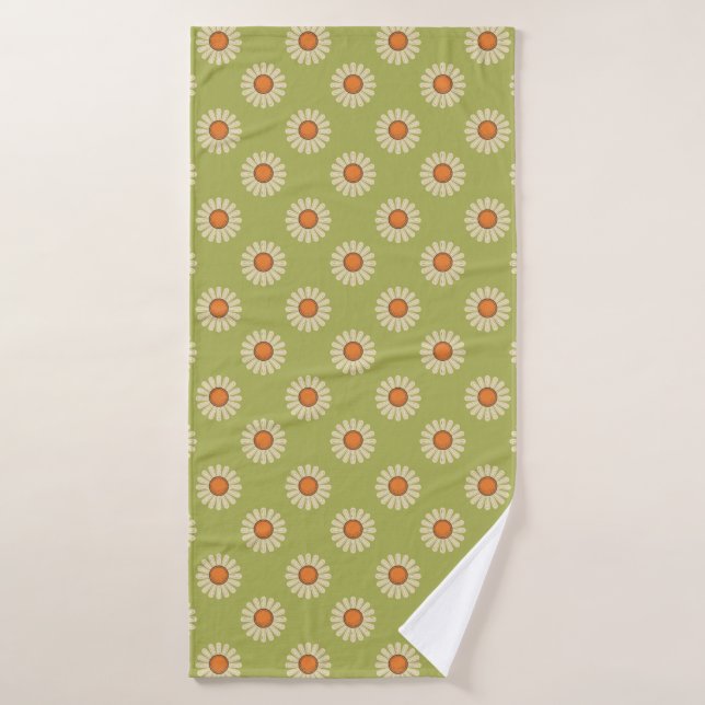 Cream and Orange Daisies on Avocado Green Pattern Bath Towel (Bath Towel)