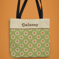 Cream and Orange Daisies on Avocado Green Pattern